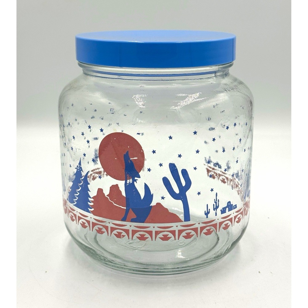 Vintage Pink & Blue Desert Themed Glass Container with lid